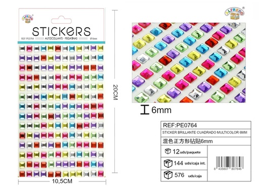 [PE0764] Sticker brillante cuadrado multicolor 6mm-168pcs 10,5X20 cm - Pegatinas decorativas