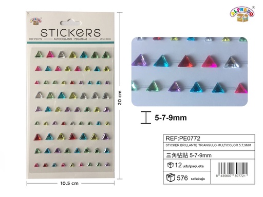 [PE0772] Stickers brillantes triángulo multicolor 5.7.9mm 10.5x20cm para manualidades