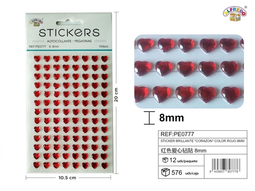 [PE0777] Sticker brillante "Corazón" color rojo 8mm-104pcs 10,5X20 cm - Pegatinas decorativas