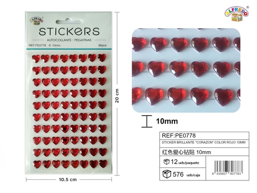 [PE0778] Sticker brillante "Corazón" color rojo 10mm-80pcs 10,5X20 cm - Pegatinas decorativas