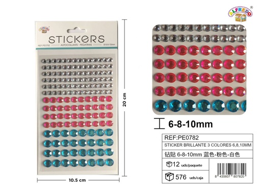 [PE0782] Stickers brillantes 3 colores 6,8,10mm 10,5x20cm para manualidades