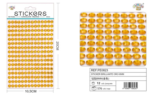 [PE0823] Stickers brillantes oro 6mm 10,5x20cm para manualidades