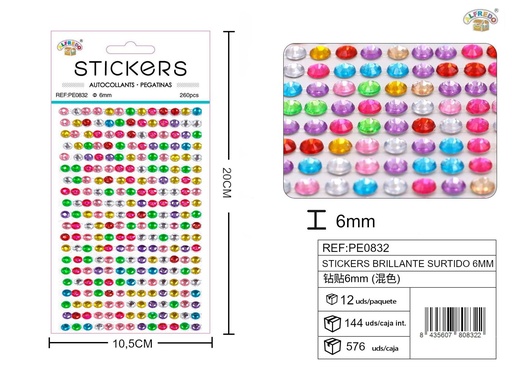 [PE0832] Pegatinas brillantes surtidas 6 mm, 260 piezas 10 x 20 cm - Decoración