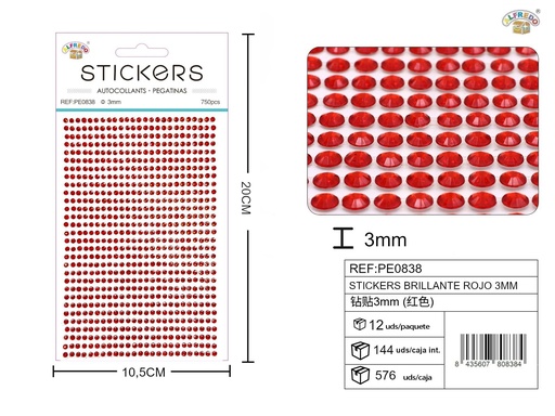 [PE0838] Pegatinas brillantes rojas 3 mm, 750 piezas 10 x 20 cm - Decoración