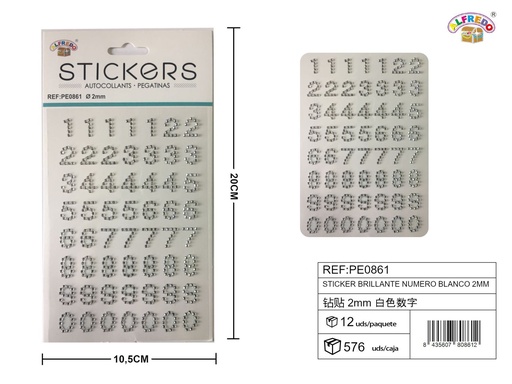 [PE0861] Stickers brillantes números blancos 2mm 10.5x20cm para manualidades