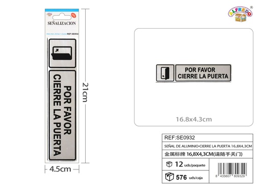 [SE0932] Señal de aluminio - CIERRE LA PUERTA 16.8 x 4.3 cm - Etiquetas metálicas