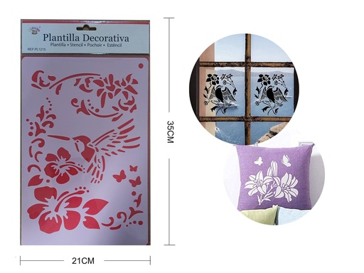 [PL1215] Plantilla decorativa "Flor con pájaro" 21x35 cm - Plantillas decorativas