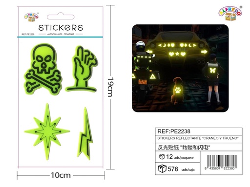 [PE2238] Stickers Reflectantes de Cráneo y Trueno 10x19 cm - Adhesivos infantiles nocturnos