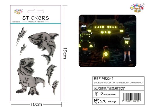 [PE2245] Stickers Reflectantes de Tiburón y Dinosaurio 10x19 cm - Adhesivos infantiles nocturnos