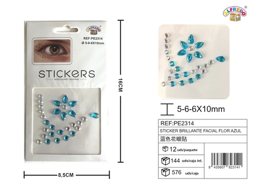 [PE2314] Sticker brillante facial flor azul 8.5x16cm - Accesorios de belleza