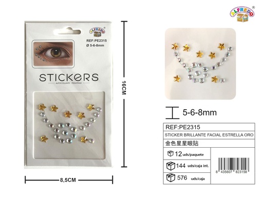 [PE2315] Sticker brillante facial estrella oro 8.5x16cm para decoración de maquillaje