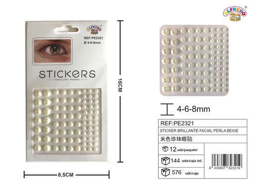 [PE2321] Sticker brillante facial perla beige 4,6,8mm 8.5x16 cm - Decoraciones faciales