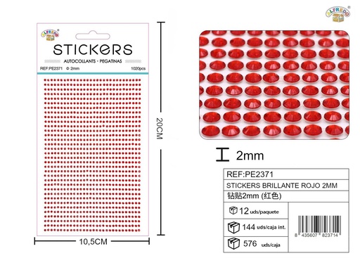 [PE2371] Pegatinas brillantes rojas 2 mm, 1020 piezas 10 x 20 cm - Decoración