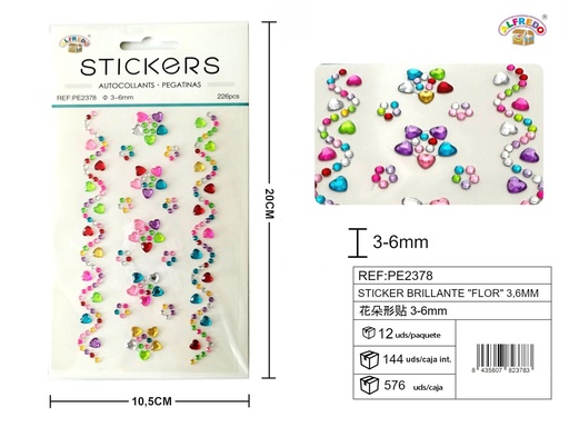 [PE2378] Sticker Brillante "Flor" 3.6mm-226pcs 10.5x20 cm - Adorno de diamantes y perlas