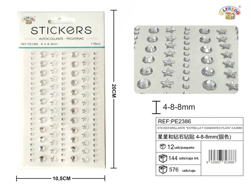 [PE2386] Sticker Brillante "Estrella y Diamantes Plata" 4.8,8mm-118pcs 10.5x20 cm - Adorno de diamantes y perlas
