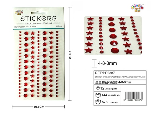 [PE2387] Sticker Brillante "Estrella y Diamantes Roja" 4.8,8mm-118pcs 10.5x20 cm - Adorno de diamantes y perlas