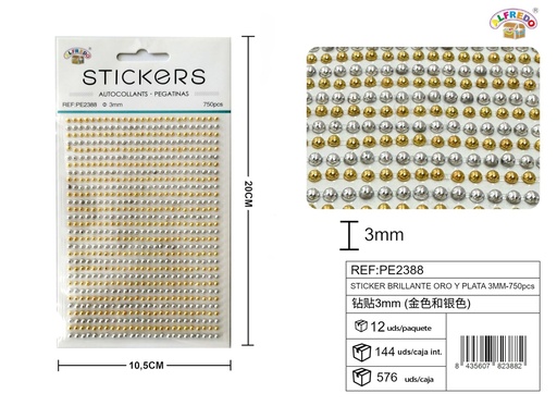 [PE2388] Sticker Brillante Oro y Plata 3mm-750pcs 10.5x20 cm - Adorno de diamantes y perlas