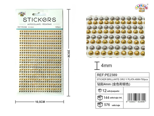 [PE2389] Sticker Brillante Oro y Plata 4mm-520pcs 10.5x20 cm - Adorno de diamantes y perlas