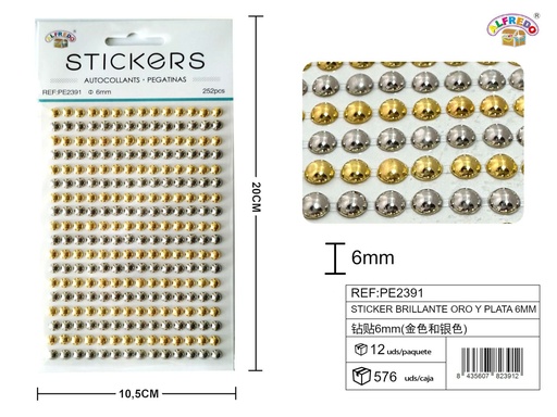 [PE2391] Sticker Brillante Oro y Plata 6mm-252pcs 10.5x20 cm - Adorno de diamantes y perlas