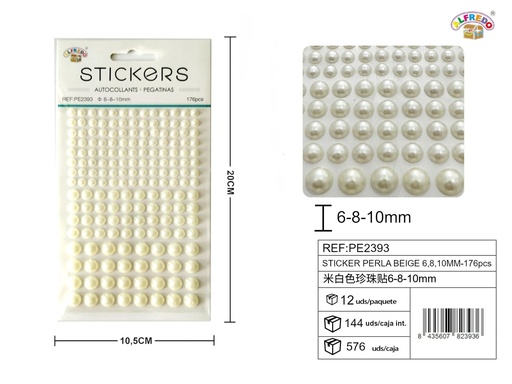 [PE2393] Sticker Perla Beige 6,8,10mm-176pcs 10.5x20 cm - Adorno de diamantes y perlas