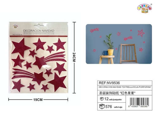 [NV9536] Decoración navidad "estrella roja purpurina" 19x24 cm - Adornos navideños