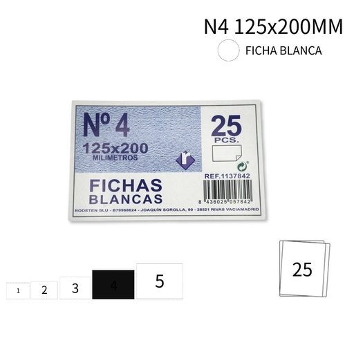 [A001189] Ficha N°4 blanca 125x200 mm - Suministros de oficina