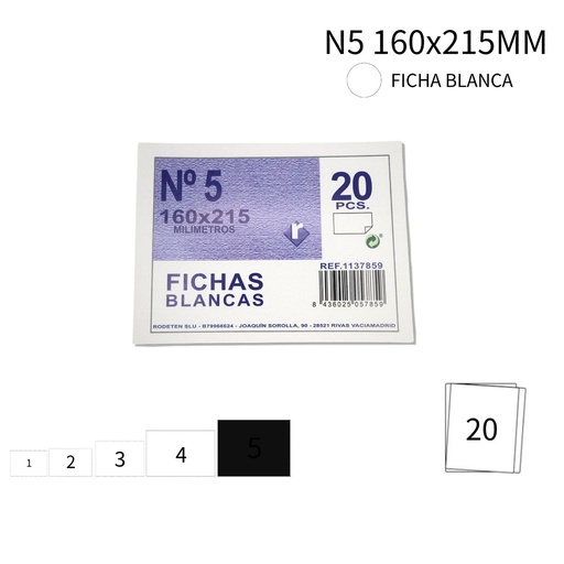 [A001190] Ficha blanca nº5 160x215mm para papelería