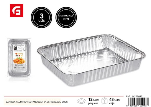 [114222047] Bandeja rectangular de aluminio 24.2X14.2X3.2 cm 3 uds - Artículos desechables