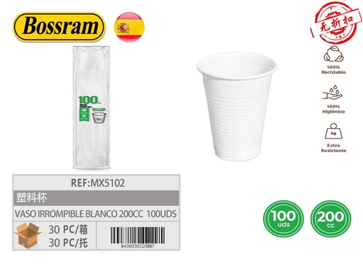 [MX5102] Vaso irrompible blanco 200cc PP pack 100uds para bebidas y fiestas