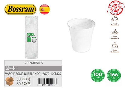 [MX5105] Vaso irrompible blanco 166cc PP 100uds