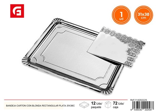 [114202225] Bandeja cartón con blonda rectangular plata 31x38cm