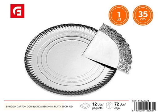 [114222624] Bandeja de cartón con blonda redonda plata 35cm 1ud para fiestas