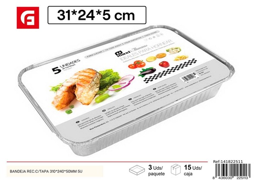 [141822511] Bandeja de aluminio con tapa rectangular 31x21x5cm 5 unidades para alimentos