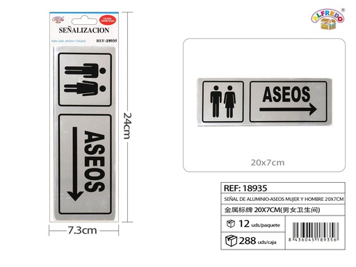 [200789356] Señal aluminio aseos hombre y mujer 20x7cm para baños públicos