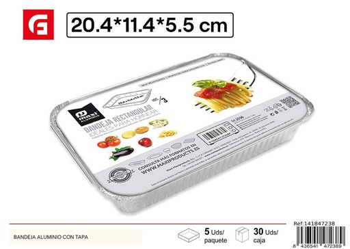 [141847238] Bandeja de aluminio rectangular con tapa 20.4x11.4x5 cm - Utensilios desechables