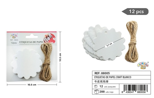 [88005] Etiquetas de papel Kraft color blanco flores 10.5 x 10.5 cm - Etiquetas de regalo