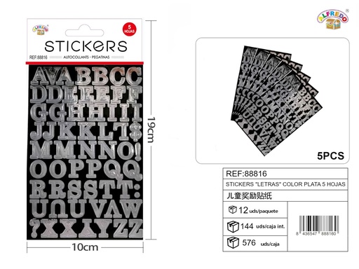 [88816] Stickers "letras" color plata 5 hojas 10x19cm para manualidades