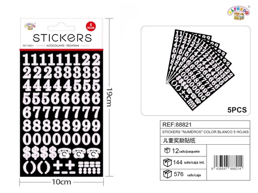 [88821] Stickers "números" color blanco 5 hojas 10x19cm para manualidades