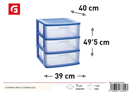 [120163324] Cajonera Sena 3 cajones azul 49.5*39*40 cm - Organización del hogar