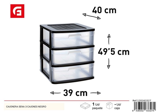 [120163327] Cajonera de plástico Sena 3 cajones negro para almacenamiento