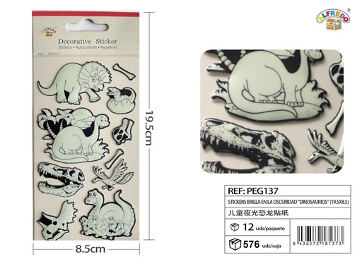 [PEG137] Stickers Fluorescentes "Dinosaurios" 8.5x19.5 cm - Adhesivos infantiles