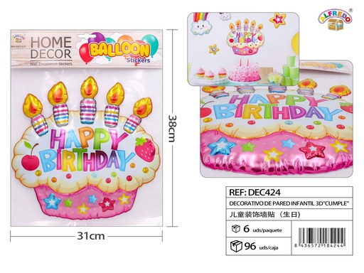 [DEC424] Decorativo de pared infantil 3D "Cumple" 31x38cm para fiestas