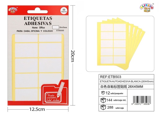 [ETB503] Etiqueta autoadhesiva blanca (13 x 38 mm) 12.5 x 20 cm - Etiquetas