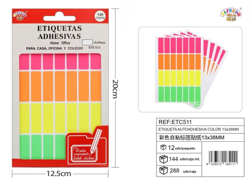 [ETC511] Etiqueta autoadhesiva de colores 13x38mm 12.5x20cm para organización y etiquetado