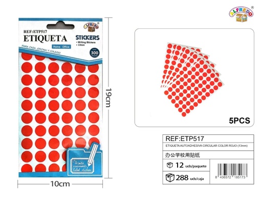 [ETP517] Etiqueta adhesiva circular color rojo (13mm) 10X19 cm - Etiquetas para oficina