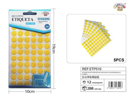 [ETP519] Etiqueta adhesiva circular color amarilla (13mm) 10X19 cm - Etiquetas para oficina