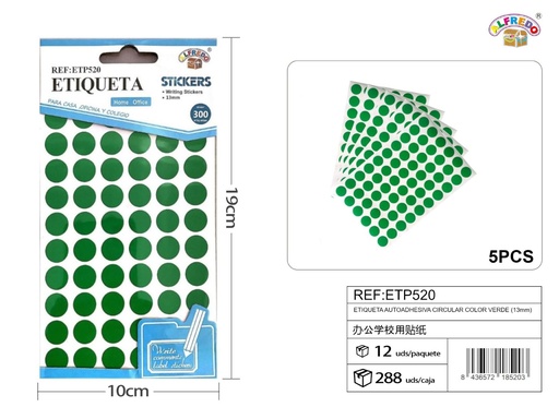 [ETP520] Etiqueta adhesiva circular color verde (13mm) 10X19 cm - Etiquetas para oficina