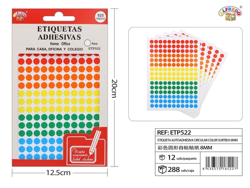 [ETP522] Etiqueta autoadhesiva circular color surtido (8mm) 12.5x20cm - Papelería de oficina