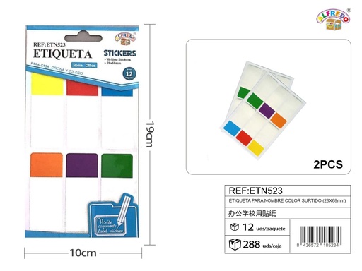 [ETN523] Etiqueta para nombre color surtido (28X68mm) 10X19cm - Papelería escolar