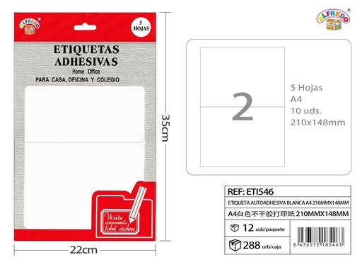 [ETI546] Etiquetas autoadhesivas blancas A4 (210x148mm) 12.5x20cm - Etiquetas para oficina